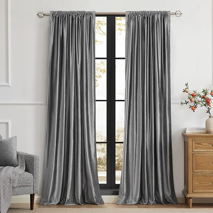 PRIMROSE Dark Grey Velvet Curtains 108 inch Long for Living Room,Set of 2 Panels Blackout Rod Pocket Back Tab Window Treatment Room Darkening Heavy Decorative Curtains Drapes for Bedroom