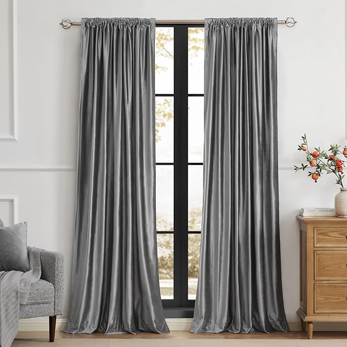 PRIMROSE Dark Grey Velvet Curtains 96 inch Long for Living Room,Set of 2 Panels Blackout Rod Pocket Back Tab Window Treatment Room Darkening Heavy Decorative Curtains Drapes for Bedroom