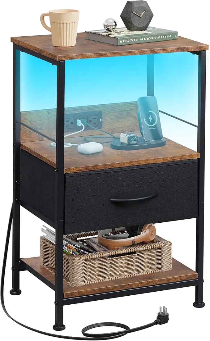 WLIVE LED Night Stand, Nightstand with Charging Station, Small Bed Side Table with Fabric Drawer and Open Shelves, Tall End Table with USB Ports & Outlets, Black and Rustic Brown