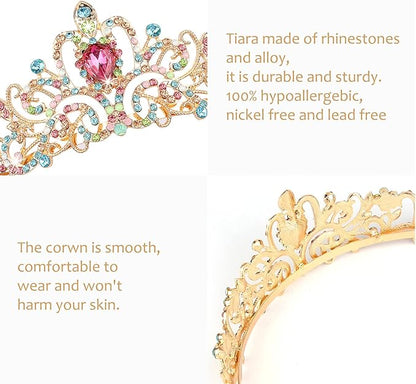 COCIDE Gold Tiara for Women Crystal Crown with Colorful Gemstones Rhinestones Hair Accessories for Girl Birthday Party Princess Prom Bride Wedding Bridal