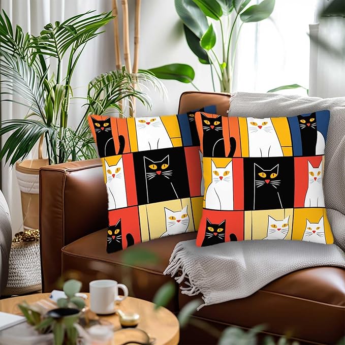 Abstract Cat Throw Pillow Cover 18x18 Set of 2 | Cushion Case for Couch, Sofa, Bed and Living Room | Zipper Closure Pillow Cases | Home Decor for All-Seasons