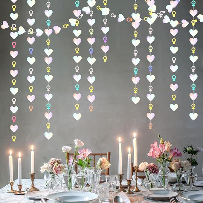Engagement Bachelorette Party-Decorations Iridescent Heart-Ring Garland - 52Ft Holographic Disco Wedding Paper Streamers Banner,Galentines Proposal Decor Lasting Surprise