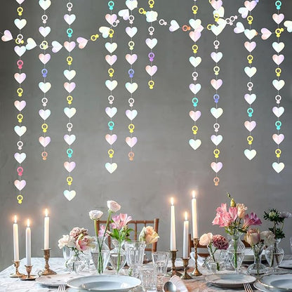 Engagement Bachelorette Party-Decorations Iridescent Heart-Ring Garland - 52Ft Holographic Disco Wedding Paper Streamers Banner,Galentines Proposal Decor Lasting Surprise