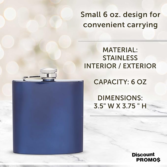 Murano Stainless Steel Hip Flasks 6 oz. Set of 10, Bulk Pack - Screw on Cap, Great for Wedding Party Gifts, Groomsmen Gifts, Outdoor Activities - Blue