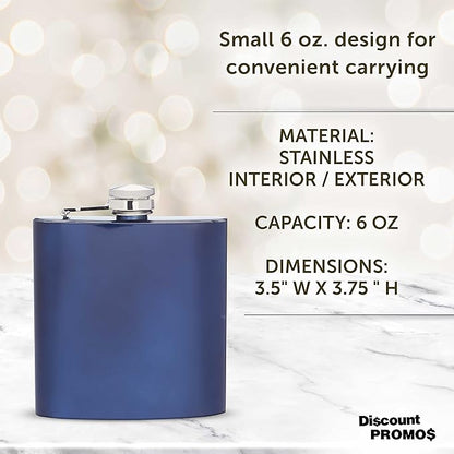Murano Stainless Steel Hip Flasks 6 oz. Set of 10, Bulk Pack - Screw on Cap, Great for Wedding Party Gifts, Groomsmen Gifts, Outdoor Activities - Blue