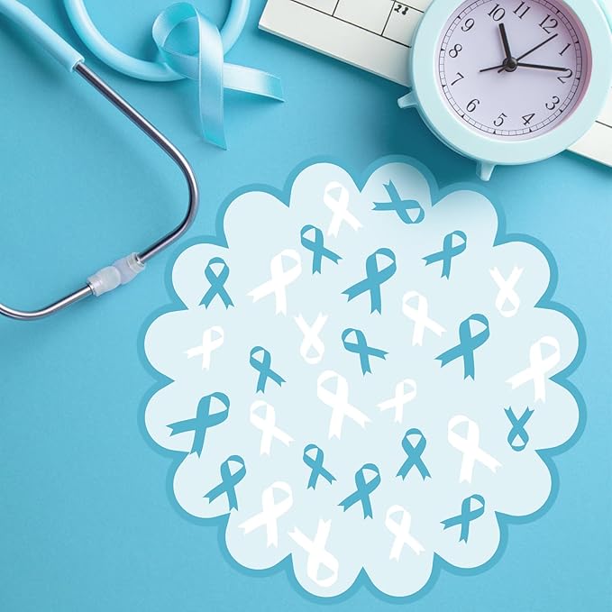 100 Pcs Ovarian Cancer Awareness Products 13.5" Scalloped Teal Ribbon Paper Placemats Disposable Sexual Assault Awareness Cervical Cancer Place Mats for Health Charity Public Social Event Supplies