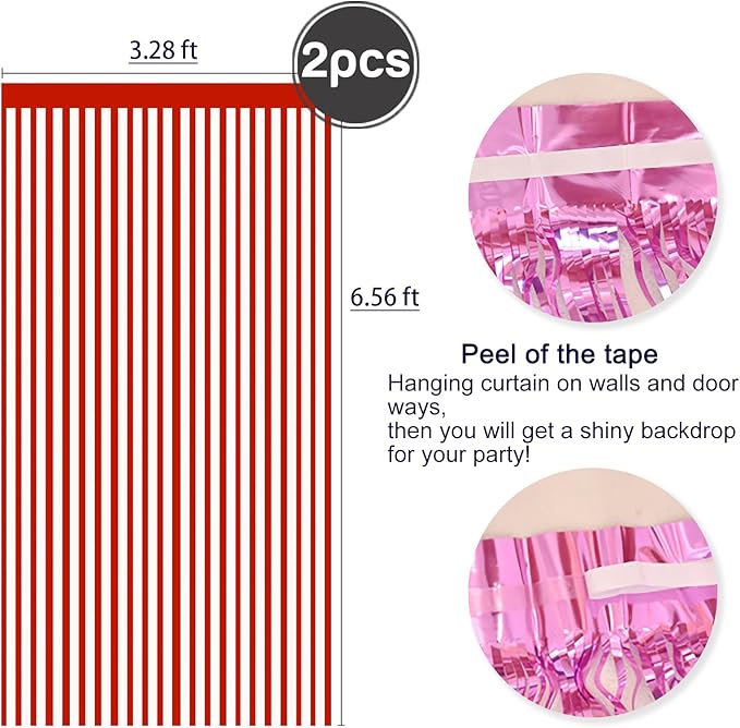 2 Pcs Red Metallic Tinsel Foil Fringe Curtains Backdrop, 3.28 ft x 6.56 ft Streamers for Birthday Wedding Engagement Bachelorette Party Photo Booth Bridal Shower Baby Shower Decorations Supplies