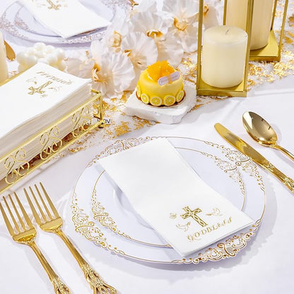 50 Pack Cross Paper Napkins - Baptism Napkins Disposable - Gold Cloth-Like Feel Dinner Paper - Heavy Duty Hand Towels for Religious Party, Confirmation, Christening, First Communion