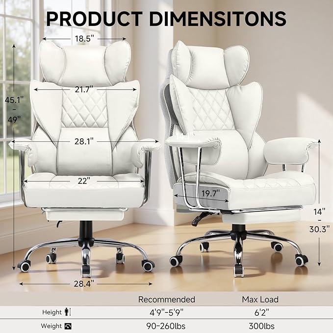 COMHOMA Big and Tall Office Chair, High Back Leather Gaming Chair with Footrest, Executive Ergonomic Office Chairs with Pocket Spring Lumbar Support and with Outward Fixed Soft Armrests