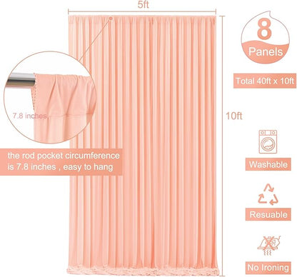 8 Panels Peach Backdrop Curtain for Parties Wedding Wrinkle Free Peach Photo Curtains Backdrop Drapes Fabric Decoration for Baby Shower Birthday Party 40ft(W) x 10ft(H)
