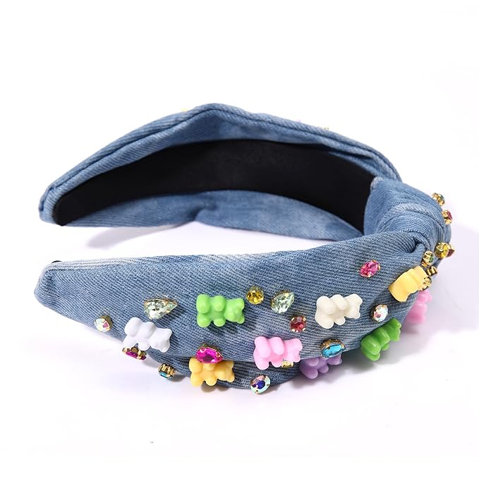 Knotted Jeweled Embellished Top Knot Hairband Statement Wide Turban Hair Hoop for Women - Funny Gifts for Girls, Sister, Birthday, Holiday Party (Crystal Denim Blue)