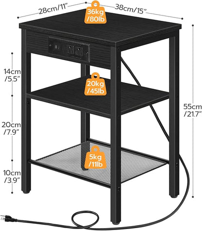 HOOBRO Side Tables Set of 2 with Charging Station and USB Port, Small End Tables for Small Space, 3-Tier Nightstands with Adjustable Shelf, for Living Room, Bedroom, Black BB112BZP201