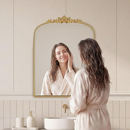 Gold Vintage Mirror 24x32 Inch, Laurel Leaf Ornate Beaded Frame Vertical Vanity Mirror, Antique Decorative Mirror for Bathroom, Bedroom, Entryway, Living Room