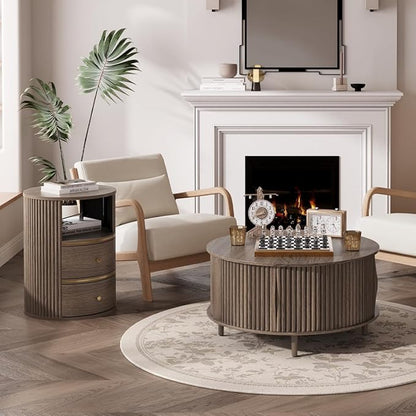 Round Coffee Table and End Table Set,31.5" Mid Century Modern Living Room Furniture, Walnut Fluted Center Table with Storage & Matching Side Table for Small Space
