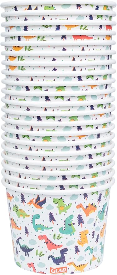 Glad for Kids Dinosaurs Paper Snack Bowls, Lids Not Included - Colorful Heavy Duty, Microwavable, Disposable Snack Cups with Lid for Soup or Ice Cream, 12 Ounce, 20 Count