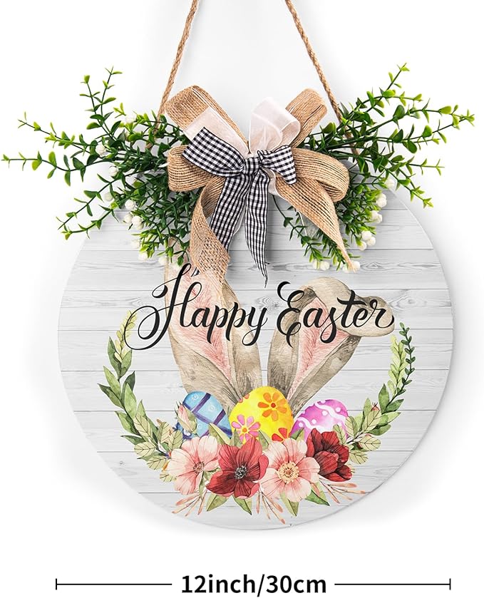 Harooni Easter Sign 12x12 Inch Wooden Hanging Sign Cute Easter Bunny Welcome Wreaths for Front Door Indoor Outdoor