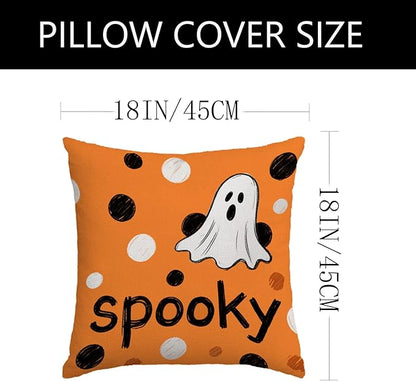 Halloween Ghost Pillow Covers 18x18 Inch,Set of 4 Vintage Halloween Decor Indoor Outdoor Throw Pillow Covers, Trick or Treat Orange Black Linen Cushion Case for Home Sofa Couch Bedroom Chair