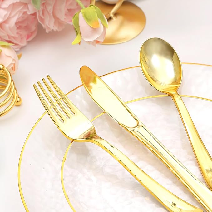 150 Pcs Plastic Dinnerware Set Disposable for 25 Guests - Clear Plates with Gold Trim, Fancy Plastic Plates for Party Wedding Birthday Christmas