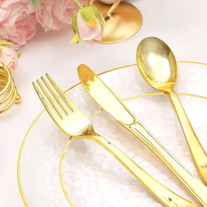 150 Pcs Plastic Dinnerware Set Disposable for 25 Guests - Clear Plates with Gold Trim, Fancy Plastic Plates for Party Wedding Birthday Christmas