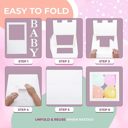 Baby Shower Boxes with Letters – White Boxes with Pastel Pink, Blue, Yellow, and Green Balloons – 44-Piece Gender Reveal & Party Decoration Set by Vellax