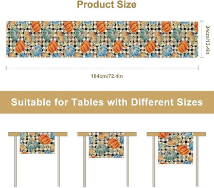 Fall Pumpkin Table Runner Black White Plaid Maple Leaves Watercolor Illustration Rustic Thanksgiving Home Decor for Farmhouse Indoor Outdoor Party Holiday Dining Kitchen Restaurant Cafe W13xL108in