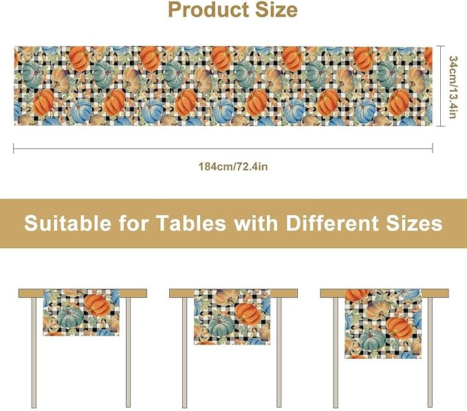 Fall Pumpkin Table Runner Black White Plaid Maple Leaves Watercolor Illustration Rustic Thanksgiving Home Decor for Farmhouse Indoor Outdoor Party Holiday Dining Kitchen Restaurant Cafe W13xL36in