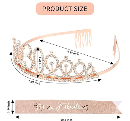 CIEHER 30th Birthday Crown + Sash + Pearl Pin Set, Rose Gold Decorations for Women's 30th Birthday Gifts with Tiara, Cake Topper & Happy Party Decor