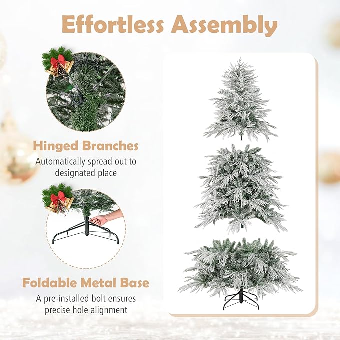 GOFLAME 8FT Pre-lit Artificial Christmas Tree, Snow Flocked Hinged Xmas Tree with 450 Warm White LED Lights, 1108 Branch Tips and Folding Metal Stand, Holiday Decoration Tree for Home Party