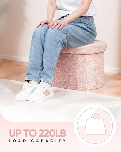 B FSOBEIIALEO Storage Ottoman for Dorm Room, Boucle Folding Storage Ottoman Foot Rest, 16.14 Inches Small Collapsible Ottoman Cube for Living Room Pink