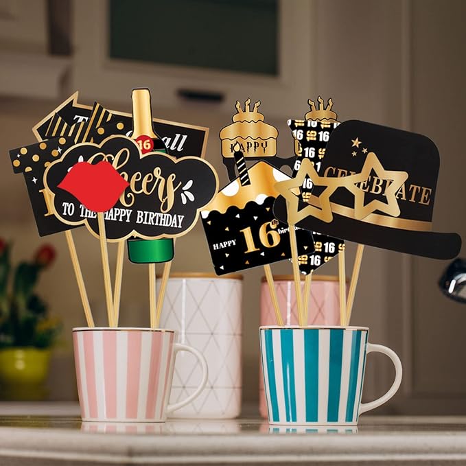 LINGTEER Happy 16th Birthday Party Photo Booth Props,Cheers to 16th Birthday Sixteen Years Old Bday Party Centerpieces Props Decorations Sign.