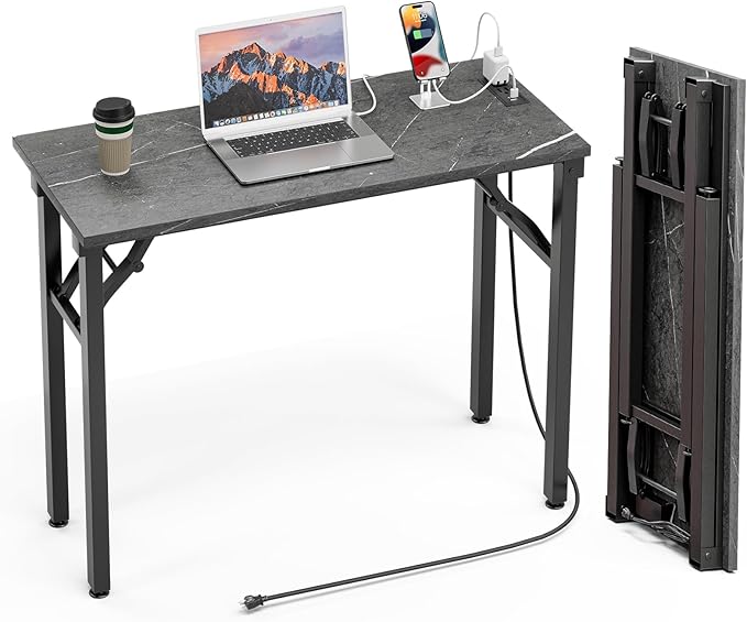 TEMI Small Computer Desk Folding Table - No Assembly, Compact 35.8" Foldable Desk with Power Outlets & USB Charging Port, Portable Small Office Desk, Ideal Mini Study Table, Marble Greige