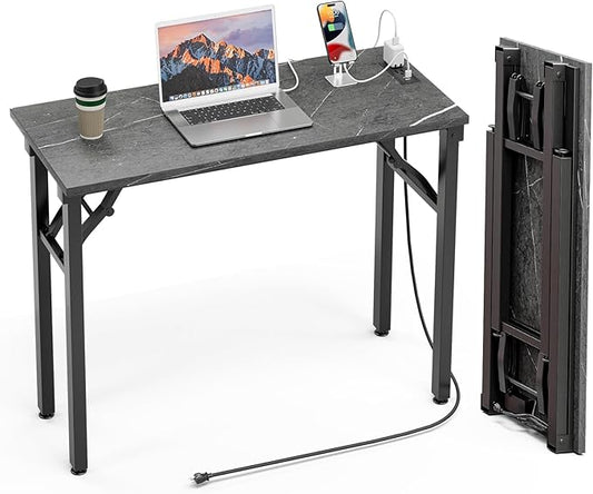 TEMI Small Computer Desk Folding Table - No Assembly, Compact 35.8" Foldable Desk with Power Outlets & USB Charging Port, Portable Small Office Desk, Ideal Mini Study Table, Marble Greige