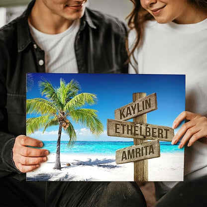 DemCanvas Custom Family Names on Rustic Directional Sign Housewarming & Customized Names Decor, Custom Wooden Signs Family Canvas, Ocean and Coconut Tree, Street Sign Canvas