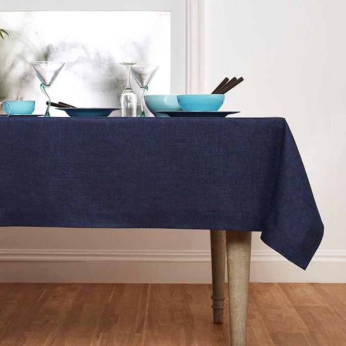 Solino Home Linen Tablecloth 60 x 90 Inch - 100% Pure Linen Chambray Navy Table Cloth for Rectangle Tables - Athena, Machine Washable Tablecloth for Fall, Autumn, Christmas, Winter, New Year