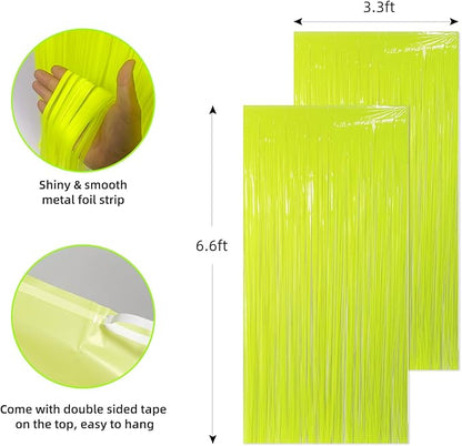 Glow in The Dark Party Supplies, 2 Pack Neon Party Decorations 6.6 x 6.6 ft Fluorescent Macaron Green Tinsel Foil Fringe Curtains, Photo Booth Prop Backdrop UV Blacklight Luminous Streamer