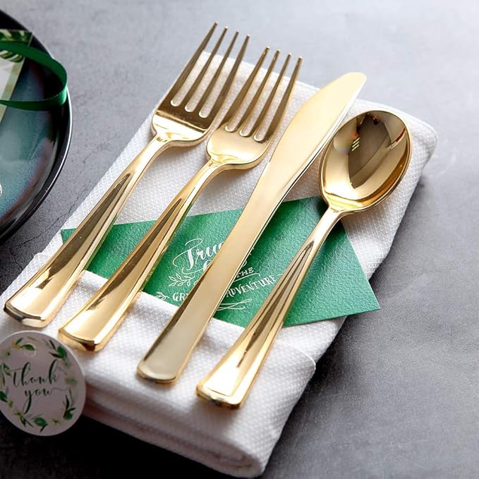 Nervure 300 Piece Gold Plastic Silverware Set - Heavyweight Gold Plastic Cutlery - Disposable Utensil Include 150 Forks, 75 Knives, 75 Spoons Perfect for Parties & Wedding & Party
