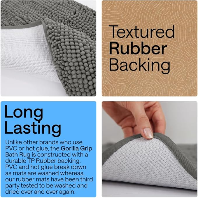 GORILLA GRIP Bath Rug Mat 30x20, Thick Soft Absorbent Chenille, Quick Dry Microfiber Mats, Rubber Backing Washable Shower Floor Rugs, US Designed Bathroom Bathmat Home Decor Accessories, Charcoal