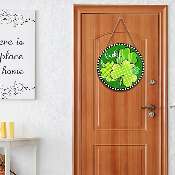 Happy St Patricks Day Sign Front Door Decor Green Shamrock Lucky Clover Farmhouse Wood Door Hanger Rustic St Patricks Day Wreath Pediment Plaque Outdoor Indoor Wall Hanging Decorations 12x12in