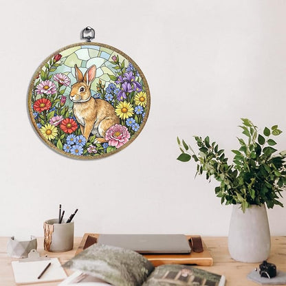 Cute Flower Rabbit Bunny Lovers Gift Garden Decor Framed Round Wall Decor Canvas Wall Art Hanging Prints Artwork for Home Porch Bedroom Housewarming Birthday Christmas Party 10.2X10.2 Inch