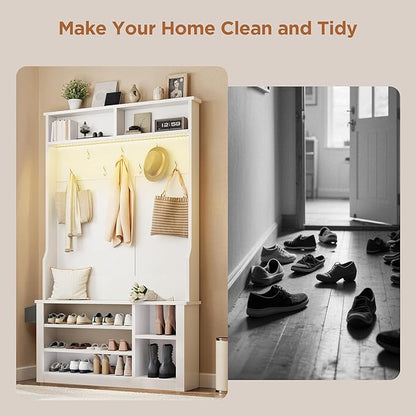 Aiho Entryway Bench with Coat Rack, 5-in-1 Hall Tree with Bench and Shoe Storage, Entryway Furniture, Adjustable LED Light, for Hallway, Living Room, White