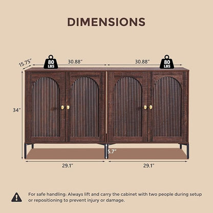 Modern Buffet Cabinet with Storage, 123.5" W Fluted Arched Sideboard Cabinet w/Adjustable Shelves, Wooden Modular Coffee Bar for Dining Room, Kitchen, Living Room, Entryway, Brown