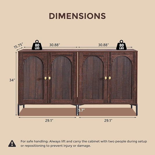 Modern Buffet Cabinet with Storage, 123.5" W Fluted Arched Sideboard Cabinet w/Adjustable Shelves, Wooden Modular Coffee Bar for Dining Room, Kitchen, Living Room, Entryway, Brown