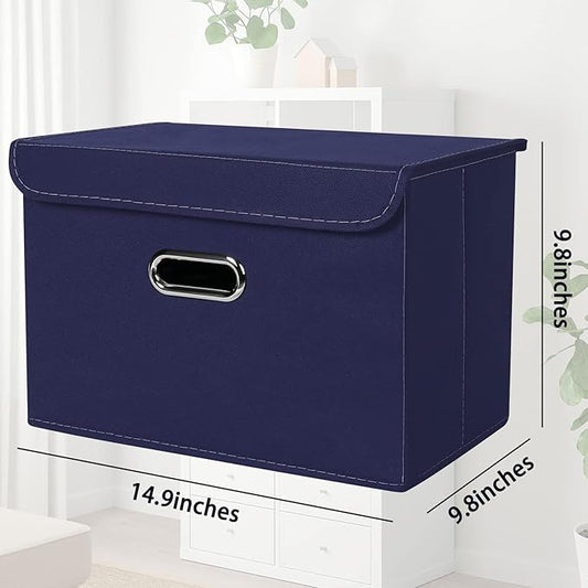 STOREONE Fabric Storage Cube Bins Foldable Organizer Container Collapsible Basket with Lids and Metal Handles, for Home, Bedroom, Closet 8 Pcs (Navy Blue)
