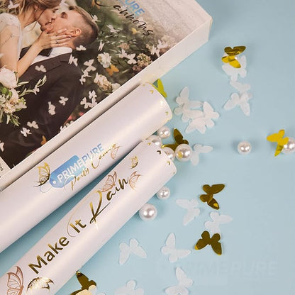 PrimePure Confetti Cannon Party Poppers - Butterfly White Confetti Poppers - 2 Pack - White Paper & Gold Butterfly Pop Gun for Wedding Send Off, Bridal Shower, New Years Eve 2026, Birthday, Parties