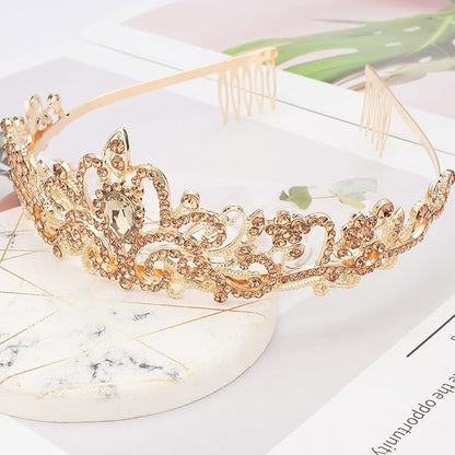 COCIDE Gold Tiara Crowns Crystal Headband Princess Rhinestone Crown with Combs Bride Headbands Bridal Wedding Prom Birthday Party Hair Accessories Jewelry for Women and Girls (M CHAMPAGNE)