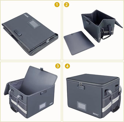 ENGPOW File Box with Lock, Fireproof Document Box with Pockets, Collapsible File Organizer Filing Storage Cabinet with Handle, Portable Home Office Safe for Hanging Letter/Legal Folders,Gray,2 Pack