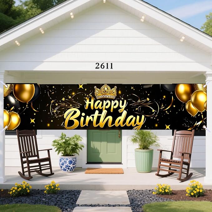 Nuxovilar Happy Birthday Banner Decorations 17.72x78.74 Inch Black Gold Crown Balloon Theme - Polyester for Indoor Outdoor Birthday Party Decor