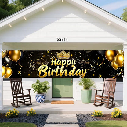 Nuxovilar Happy Birthday Banner Decorations 17.72x78.74 Inch Black Gold Crown Balloon Theme - Polyester for Indoor Outdoor Birthday Party Decor