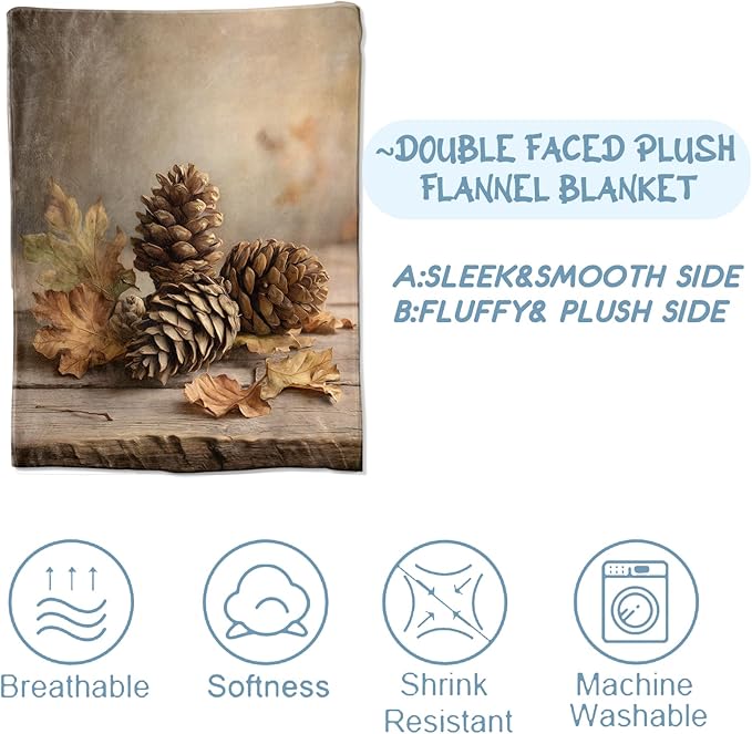 Autumn Pinecone Blanket, Rustic Fall Leaf Blankts, Gifts for Adults and Nature Lovers, Home Dorm Cabin Pet Area Picnic and Travel Decor, Soft Cozy Lightweight Flannel Throw,50"x60"