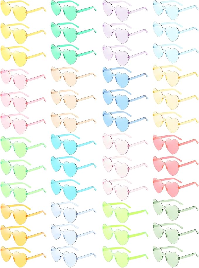 SUNOVELTIES 48 Pcs Heart Shaped Rimless Sunglasses Bulk Light Candy Color Frameless Glasses Colorful Party Eyewear for Women